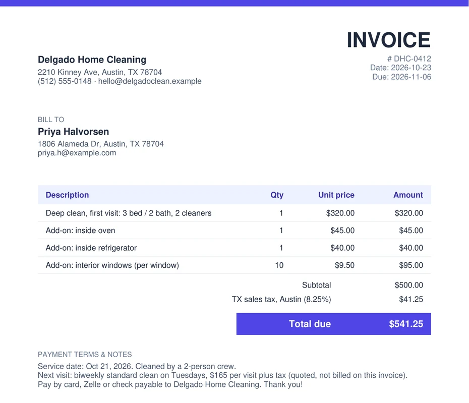 Example house cleaning invoice: first-visit deep clean with oven, fridge and window add-ons and 8.25% Texas sales tax, total $541.25