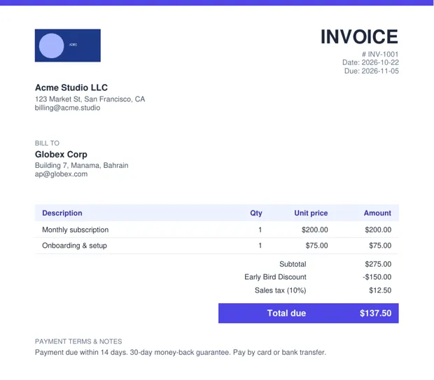 Example invoice made with InvoiceSnap