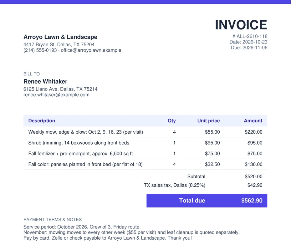 Example lawn care invoice: four weekly mowing visits, shrub trimming, fall fertilizer and pansies, with 8.25% Texas sales tax, total $562.90