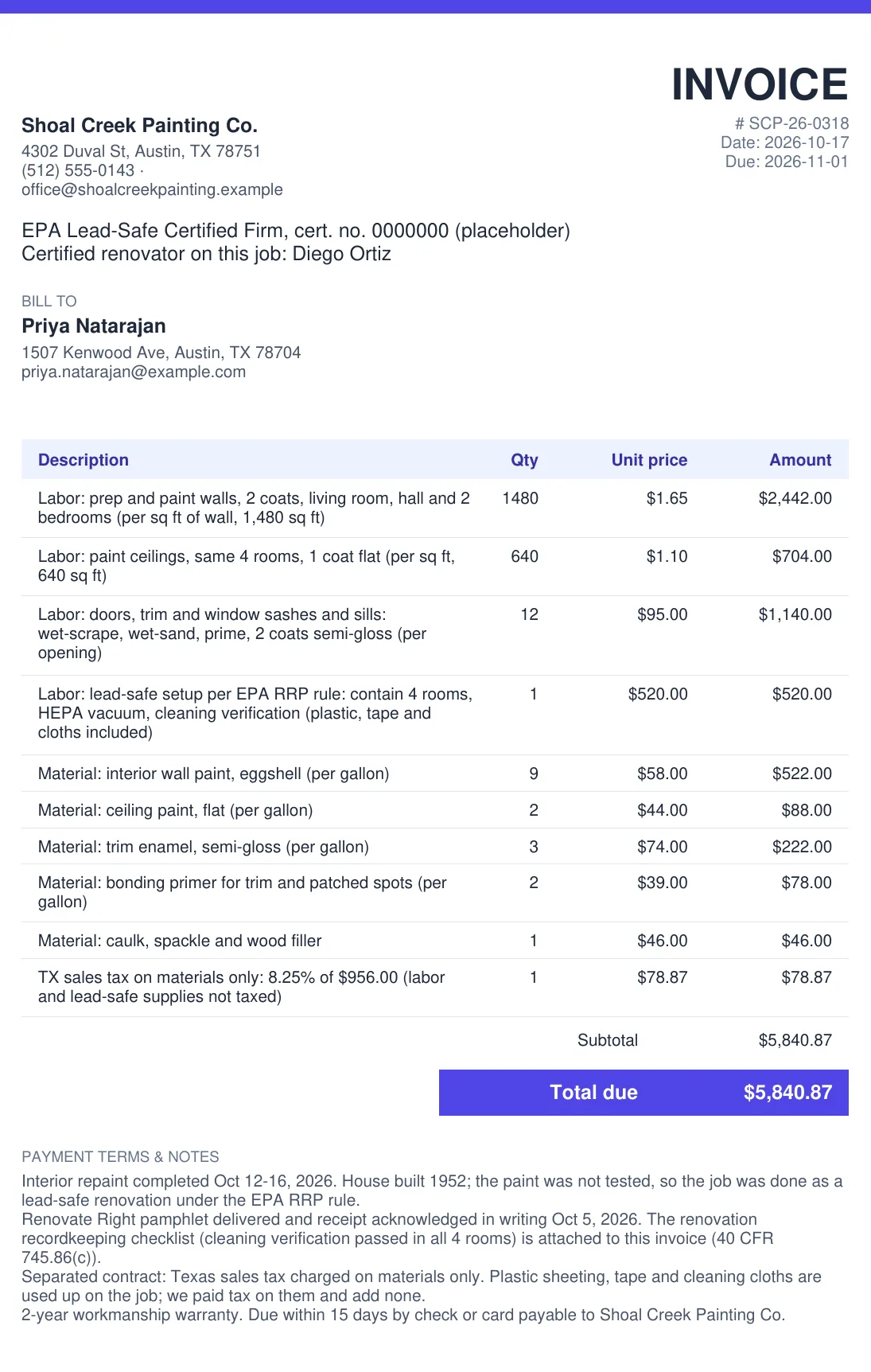 Example painting invoice: Austin interior repaint of a 1952 house with walls and ceilings by the square foot, 12 openings of trim, an EPA lead-safe setup line, paint by the gallon and 8.25% Texas sales tax on materials only, total $5,840.87