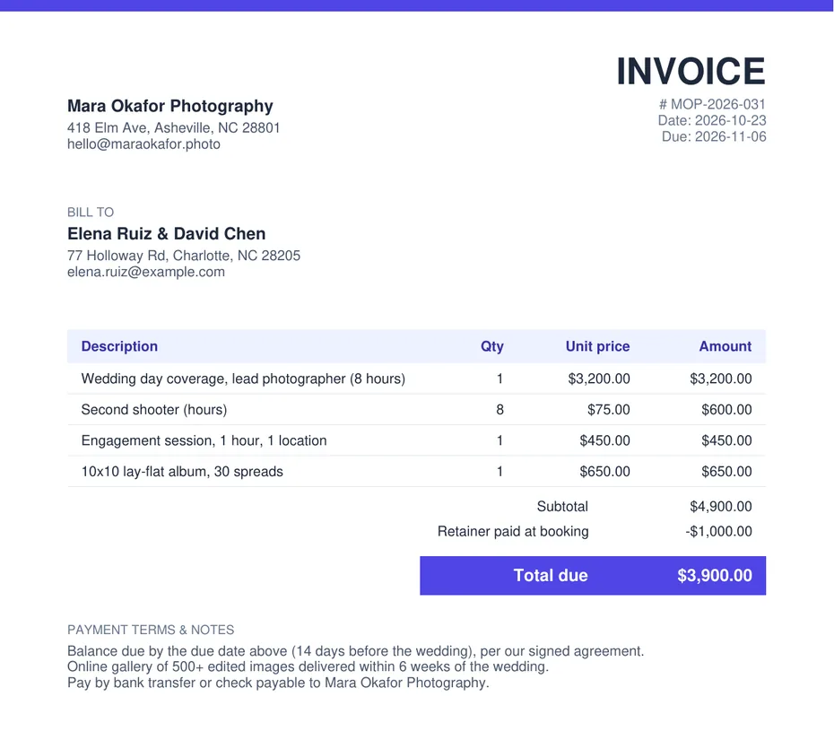 Example photography invoice: wedding coverage, second shooter, engagement session and album, with a $1,000 retainer deducted