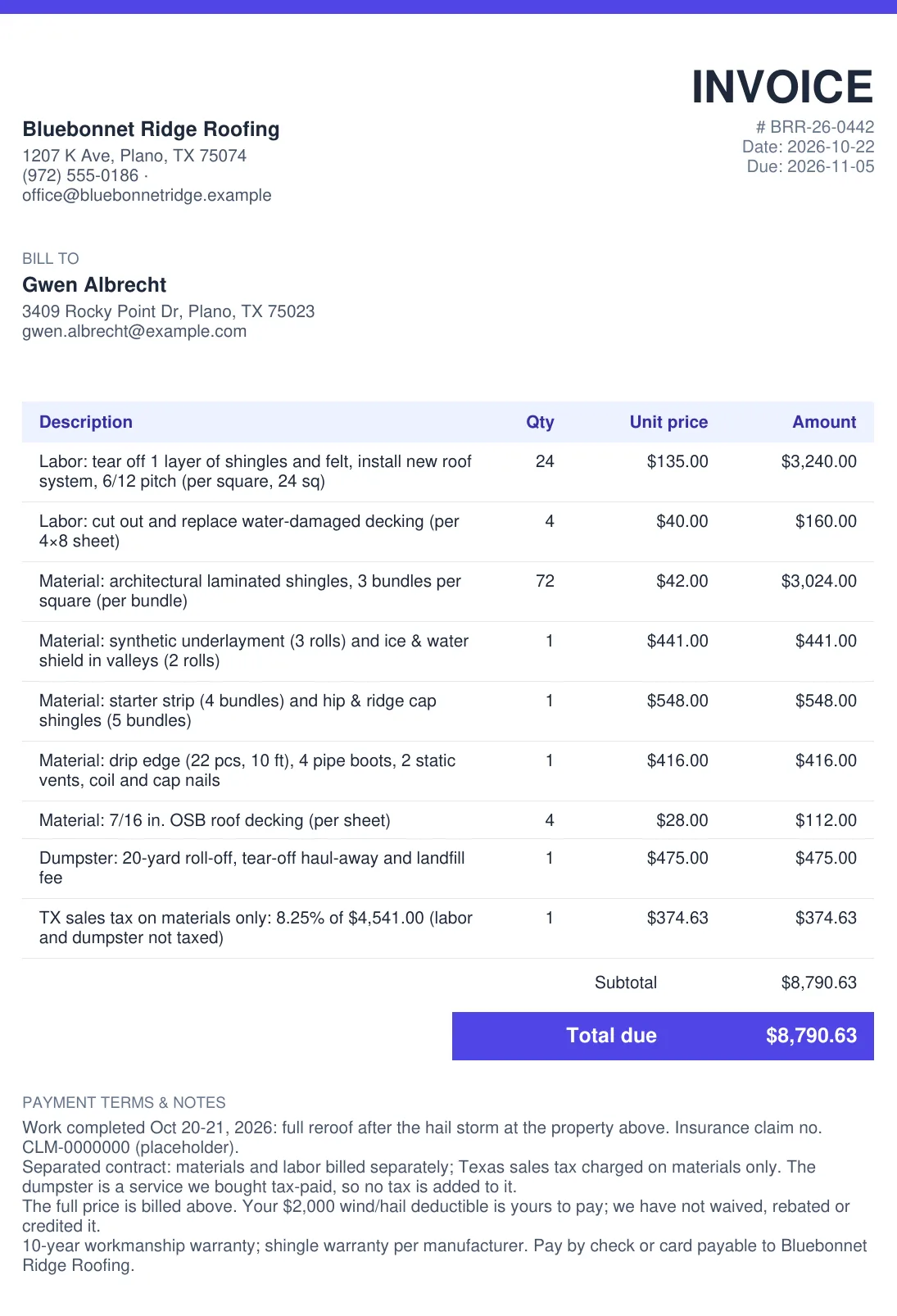 Example roofing invoice: Plano hail-damage reroof with tear-off and install by the square, decking, shingles, underlayment, flashing and dumpster, 8.25% Texas sales tax on materials only, total $8,790.63